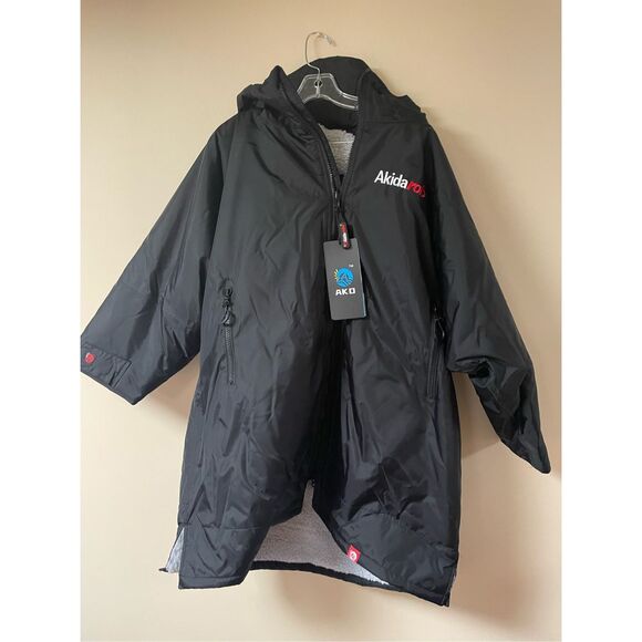 Akida Oversized Robe/Swim Parka Jacket Waterproof Surf Kids Large Black/Gray - Picture 1 of 9